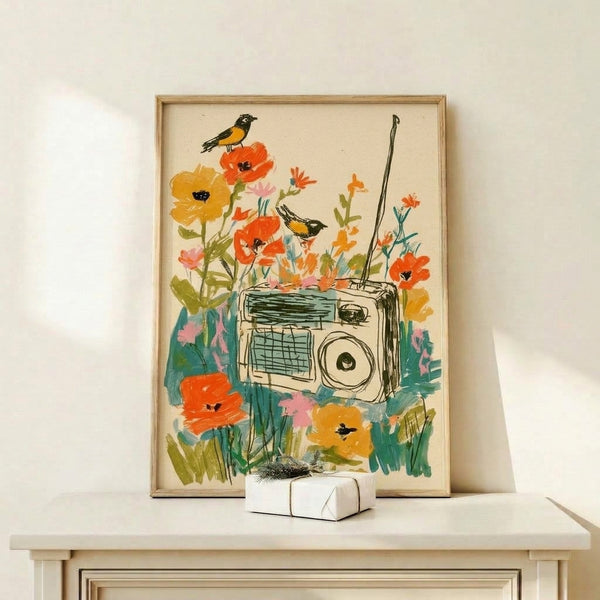 Framed modern line art print depicting a nostalgic radio surrounded by poppy and daisy flowers with playful birds in a cheerful color palette.