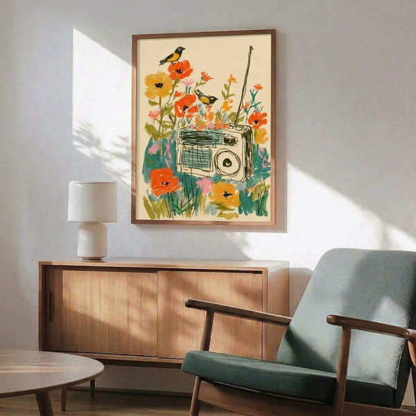 Contemporary minimalist artwork of a vintage radio adorned with floral botanical elements and birds in warm and cool tones of orange, yellow, teal, and pink.