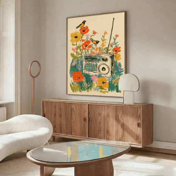 Whimsical line art poster combining retro radio imagery with delicate flowers and birds in a nostalgic yet modern minimalist style with cream and pastel accents.