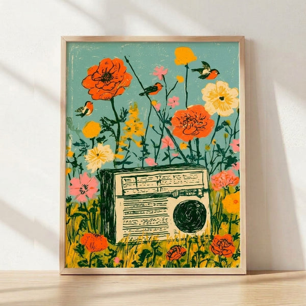 Retro-style framed poster featuring a vintage radio surrounded by blooming flowers and perched birds in sage green, coral, soft pink, and cream tones; whimsical folk art design with nostalgic garden charm.
