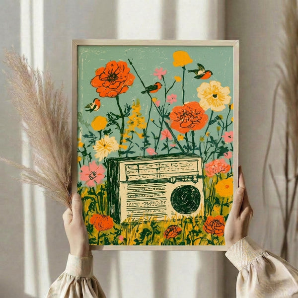 Boho wall art print showing a classic radio nestled among colorful garden flowers with birds in flight, rendered in warm retro hues of sage, coral, and pale yellow with cheerful folk-art aesthetics.