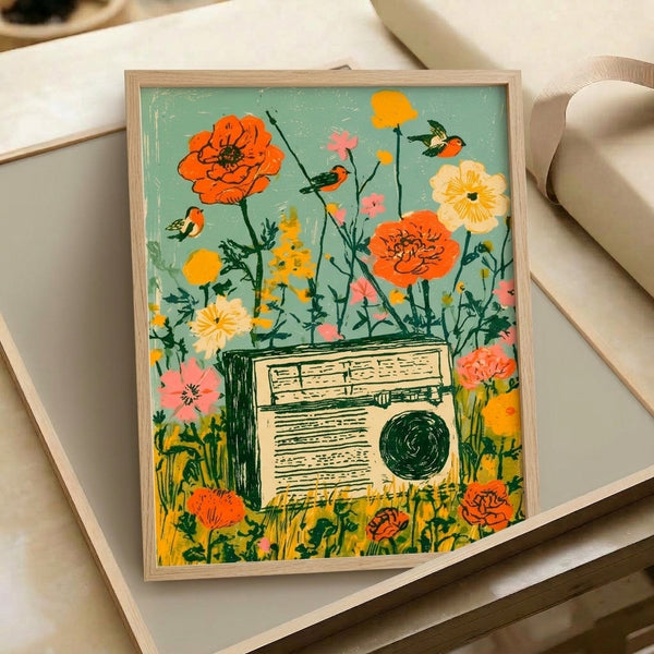 Framed vintage-inspired poster blending a nostalgic radio with lush floral garden elements and playful birds in soft pastels; charming retro-boho composition perfect for eclectic home decor.