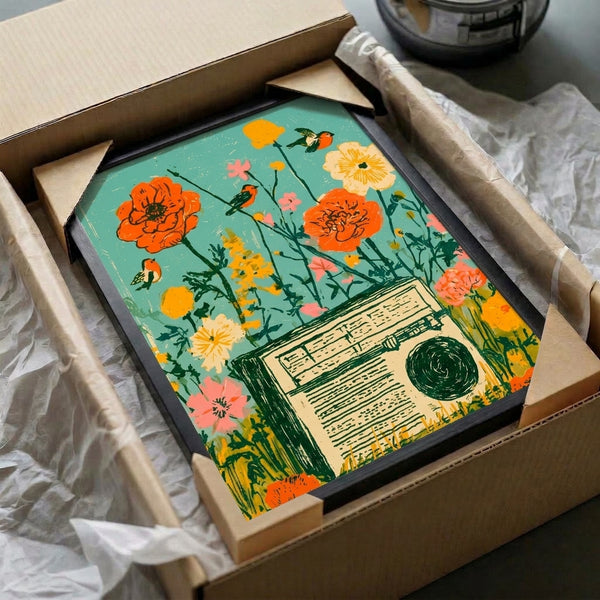 Whimsical retro poster art depicting a radio surrounded by blooming garden flowers and delicate birds in sage green, coral orange, and soft pink; cheerful nostalgic design with folk-art charm.