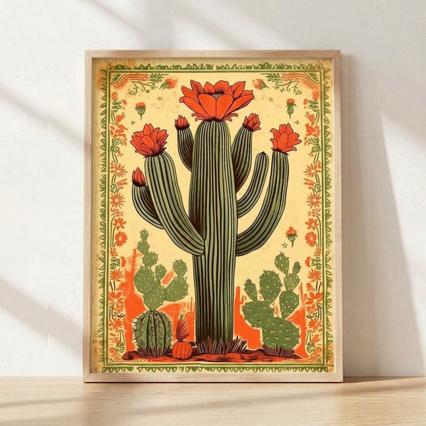 Vintage-style folk art print of a blooming saguaro cactus in rust red and forest green tones, evoking warm southwestern desert nostalgia.