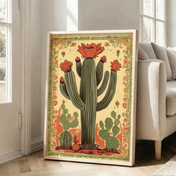 Framed poster featuring a nostalgic saguaro cactus with flowering bloom in ochre, cream, and rust hues, capturing folk art western aesthetic.