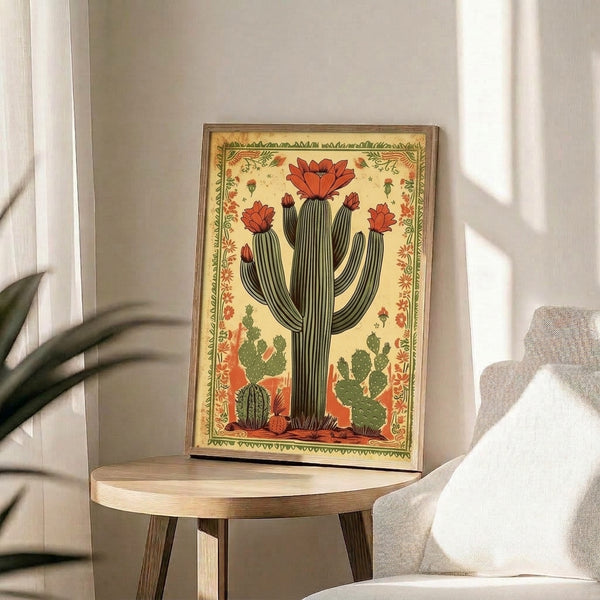 Southwestern folk art poster depicting a flowering saguaro cactus rendered in warm earthy tones of cream, rust, and forest green.