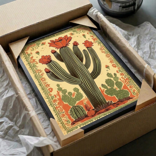 Boho wall art print showcasing a vintage-inspired blooming desert cactus with folk art charm in warm southwestern color palette.