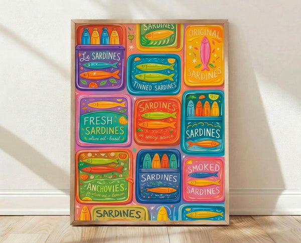 Retro-style poster grid displaying colorful vintage sardine tins in coral, purple, and turquoise with playful illustrations and nostalgic charm.
