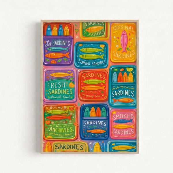 Whimsical kitchen art print featuring a collection of retro sardine cans arranged in a grid, rendered in warm and cool vintage colors.