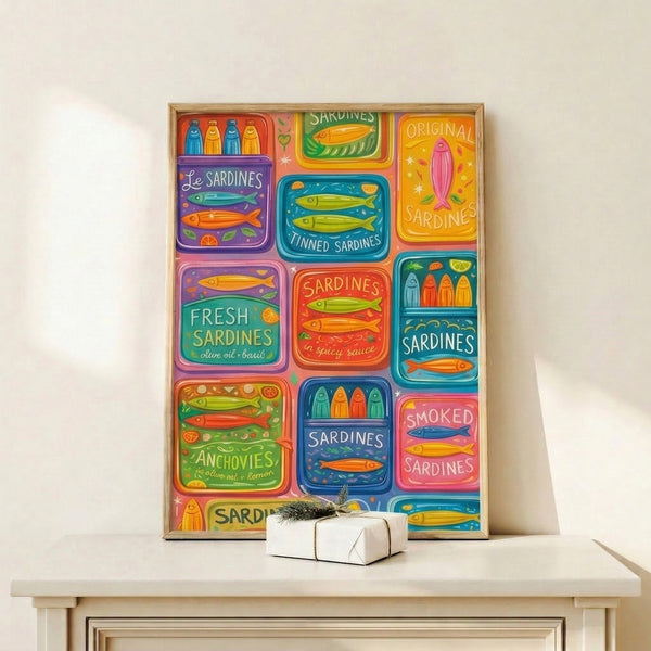 Nostalgic kitchen wall art depicting decorative sardine tin illustrations in a grid layout with whimsical retro-inspired color palette.