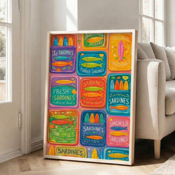 Vintage-style art print featuring an array of colorful sardine cans and tin designs with playful details in coral, purple, and turquoise tones.