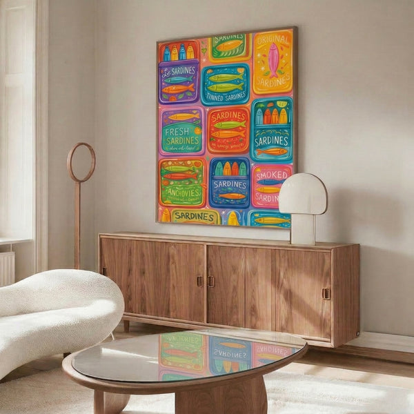 Retro kitchen poster with a whimsical grid of illustrated sardine tins in cheerful vintage colors including orange, yellow, and aqua.