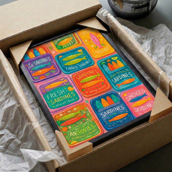 Playful fish-themed wall art print rendered in retro style, featuring nostalgic sardine can designs in a vibrant, colorful arrangement.