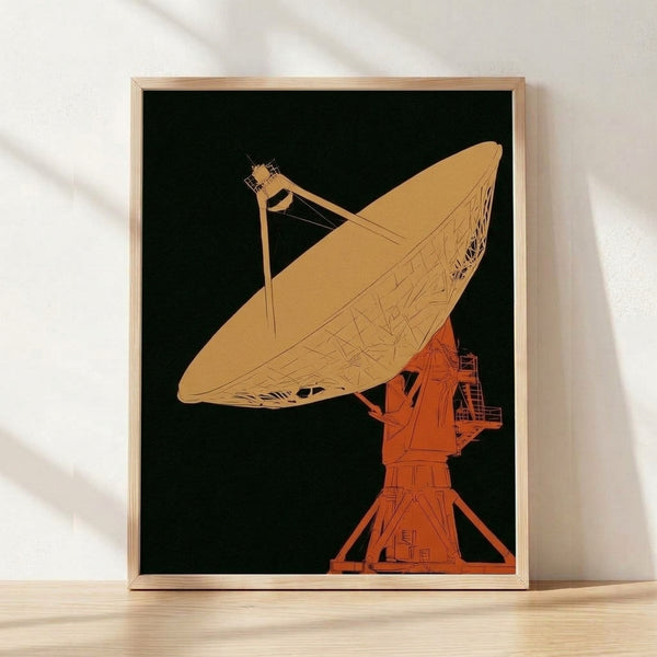 Retro Bauhaus poster featuring a geometric radio telescope dish in tan, orange-red, and black, evoking mid-century optimism about space exploration and communications technology.