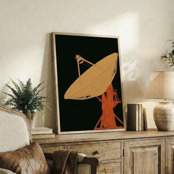 Framed minimalist art print with a stylized satellite antenna in warm earth tones and bold black lines, capturing the industrial aesthetic of vintage space-age design.