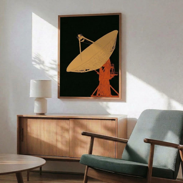 Geometric telescope dish artwork in cream and rust tones with stark black outlines, rendered in retro Bauhaus style celebrating technological progress and radio astronomy.