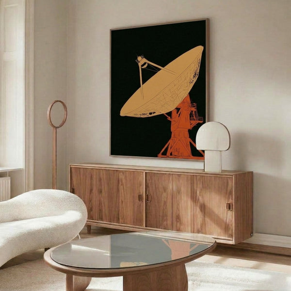 Tan and orange-red satellite dish illustration on a cream background, executed in clean modernist lines that blend nostalgia with industrial futurism.