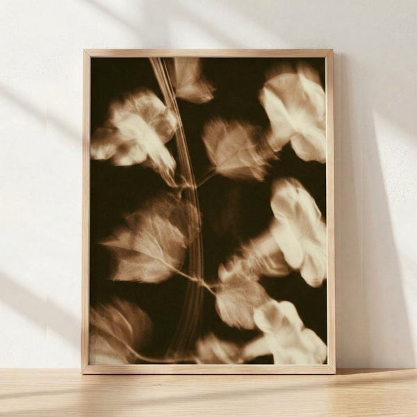 Soft sepia-toned watercolor botanical print featuring delicate flower petals and stems in cream and dark brown hues, evoking a dreamy vintage aesthetic on a framed wall poster.