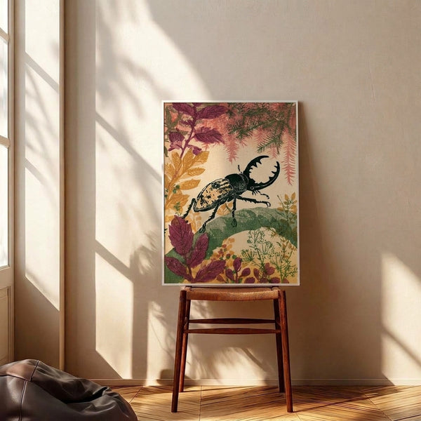 Art Nouveau inspired framed art print showcasing an intricately rendered stag beetle with delicate florals and foliage in earthy tones of burgundy, green, and ochre.