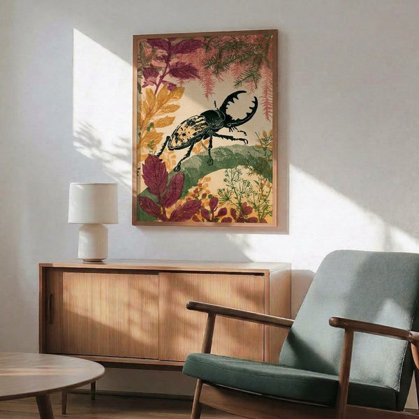 Japandi-style botanical wall art print with a naturalistic stag beetle illustration surrounded by ferns and flowers in warm cream, forest green, and burgundy hues.