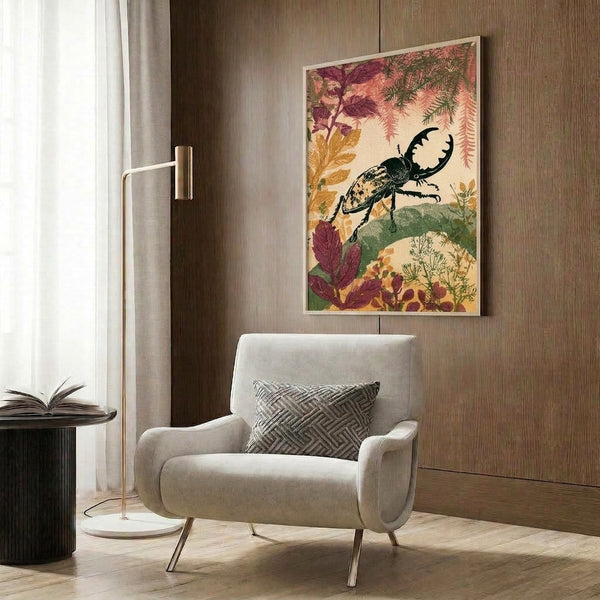 Framed poster displaying a contemplative vintage beetle and plant study in muted burgundy, ochre, and forest green tones on a cream background.