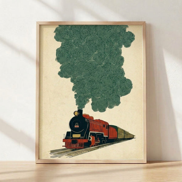 Framed vintage steam locomotive poster in Bauhaus style with cream, forest green, and rust red colors, evoking mid-century industrial nostalgia and retro railway aesthetics.