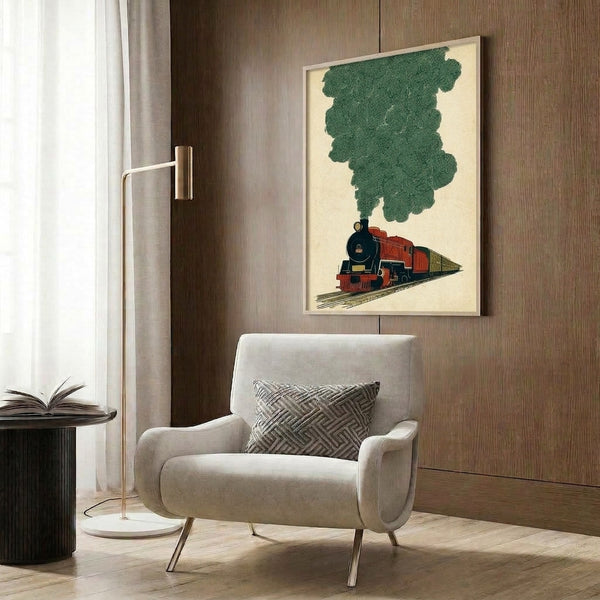 Retro art print of a steam train with bold geometric Bauhaus design, featuring cream and black tones accented with forest green and rust red for a nostalgic travel theme.