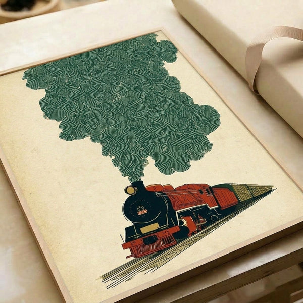 Vintage poster displaying a powerful steam locomotive in retro style with cream background, forest green, rust accents, and gold details in Bauhaus-inspired composition.