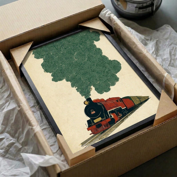 Framed retro steam engine artwork with industrial charm, rendered in vintage palette of cream, rust red, forest green, and black with geometric Bauhaus-influenced design.