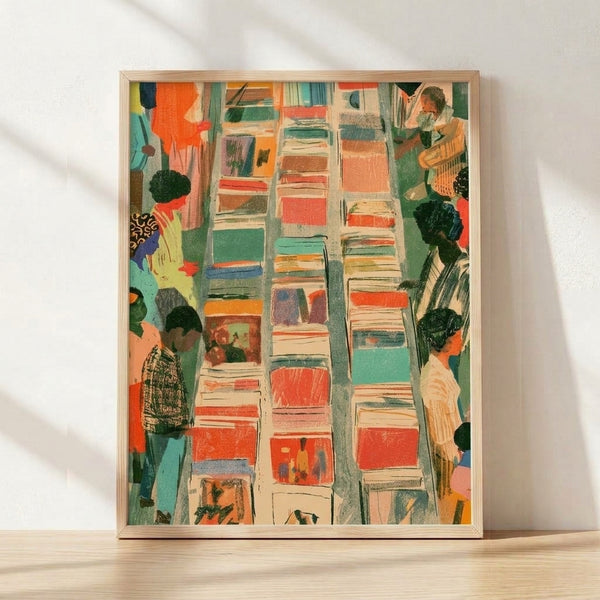 Retro folk art print of a bustling market street scene with people, books, and vendors in warm orange, teal, red, and forest green tones, evoking nostalgic community spirit.