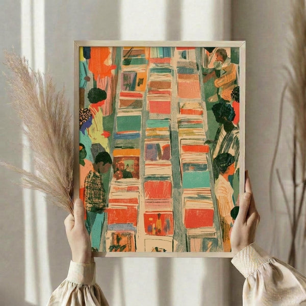 Vintage-style market street illustration featuring figures among books and activity, rendered in cheerful retro colors of cream, orange, and teal with folk art charm.