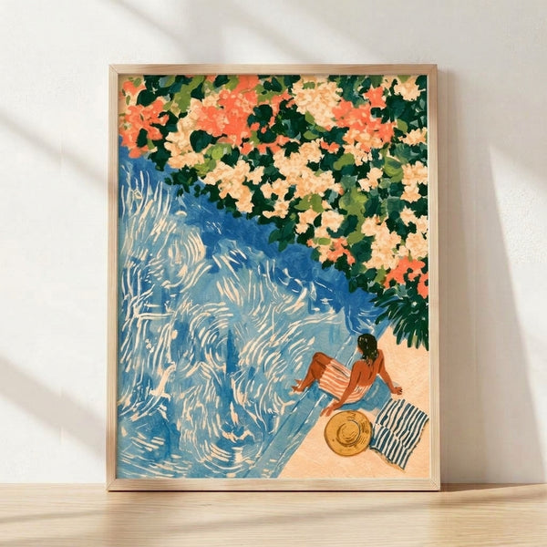 Vintage-style watercolor poster of a woman in a straw hat relaxing by a poolside surrounded by vibrant coral bougainvillea flowers and lush foliage, framed wall art in cobalt blue, cream, and golden tones.