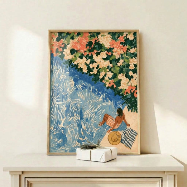 Retro beach retreat art print featuring a serene woman lounging poolside amid blooming coral flowers and verdant plants, rendered in soft watercolor hues of ocean blue and warm cream, evokes leisurely summer escape.