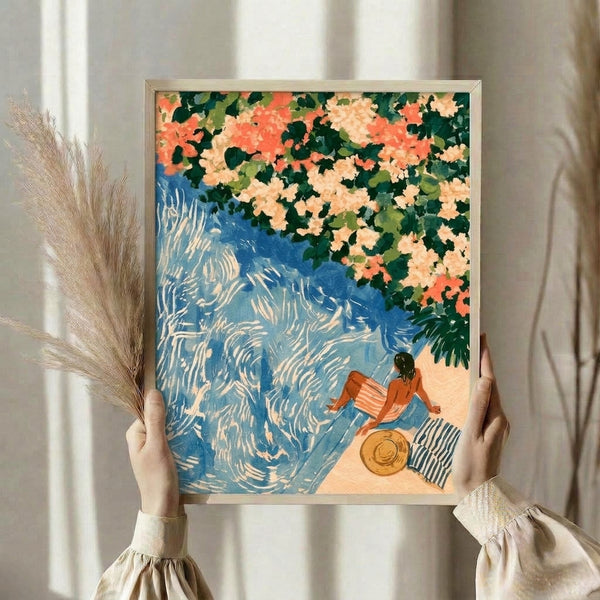 Serene watercolor illustration in retro aesthetic depicting a woman in straw hat by turquoise water with lush coral and forest-green flowering vines, capturing the mood of a peaceful summer sanctuary.