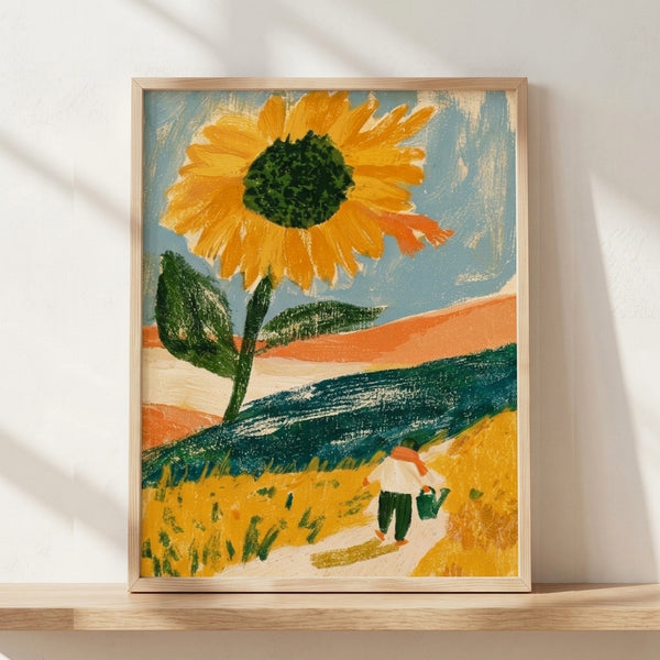 Vintage watercolor landscape painting featuring a figure walking a sunflower-lined path with a watering can, rendered in golden yellow, slate blue, and terra cotta tones in an Art Nouveau style.