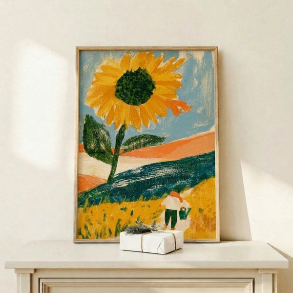 Nostalgic folk art print of a sunflower field with a person carrying a watering can along a peaceful garden path, painted in warm yellows and greens with forest and cream accents.