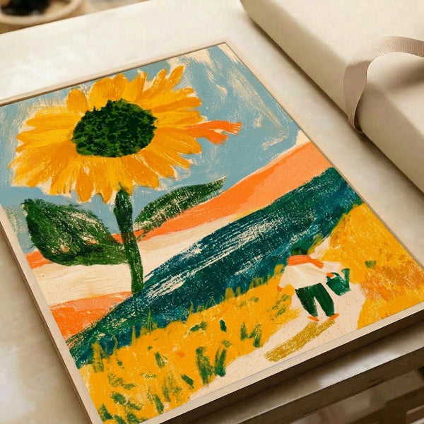 Framed botanical art print showing a figure tending sunflowers along a winding path, rendered in warm nostalgic colors including terra cotta, forest green, and cream in a vintage folk art style.