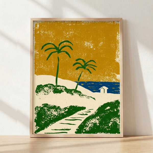Retro vintage tropical beach house print with palm trees, ocean view, and winding path in golden ochre, deep blue, and forest green on cream background, framed on wall.