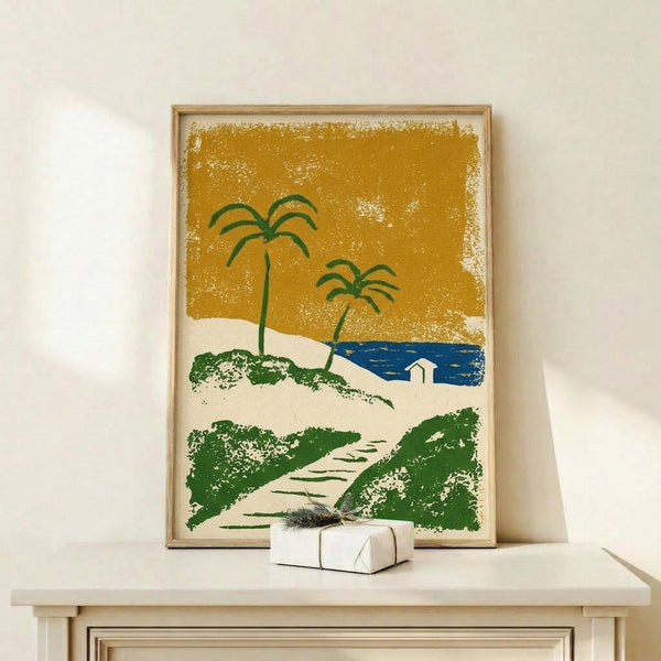 Minimalist retro poster depicting a serene tropical landscape with palm trees, beachside home, and ocean in warm ochre and cool blue tones, evoking nostalgic escape.
