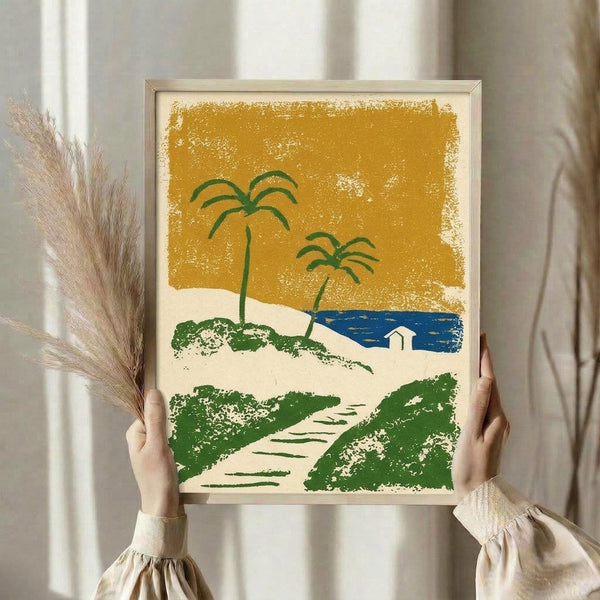 Vintage-style framed art print showing a tropical beach scene with palm silhouettes, coastal house, and pathway in muted golden and deep blue hues, calm and relaxing mood.