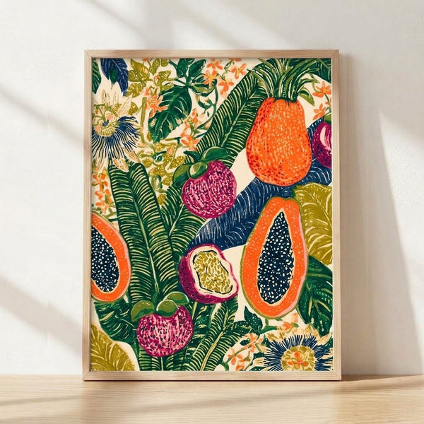 Vintage Art Nouveau botanical print featuring papaya and passion fruit with lush green leaves and delicate flowers in warm cream, orange, magenta, and forest green tones, framed on a wall.