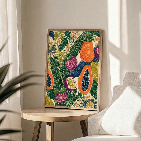 Exotic botanical illustration in vintage style showcasing tropical fruits with flourishing leaves and floral details in rich orange, magenta, and forest green hues on a cream background, displayed as wall art.