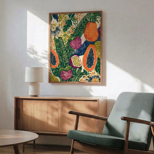 Art Nouveau inspired botanical print featuring lush tropical fruits and botanical elements in a warm palette of magenta, ochre, navy, and green, creating a vibrant and decorative framed poster.