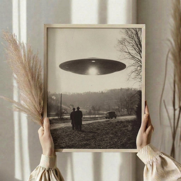 Retro-futuristic poster art depicting a cream-colored UFO descending toward a nighttime countryside scene with a vintage automobile and onlookers beneath towering trees in muted sepia and black.