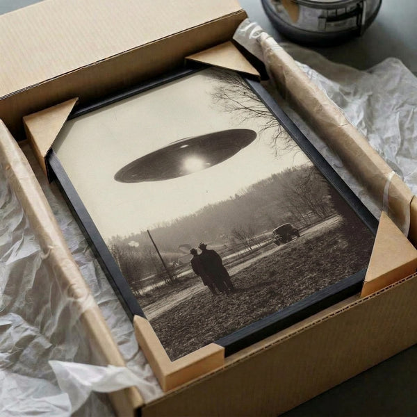 Sepia and charcoal toned retro illustration of a classic flying saucer hovering above a quiet countryside landscape with vintage car, silhouetted people, and dark trees, capturing nostalgic 1950s extraterrestrial intrigue.