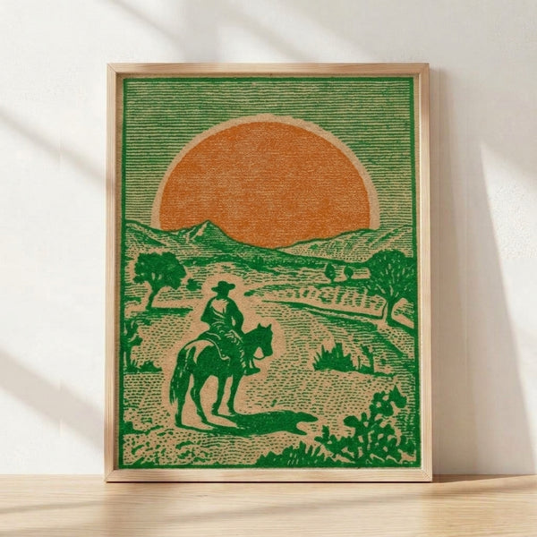 Vintage western poster art depicting a cowboy on horseback riding through a desert landscape with mountains and a warm sunset sky in forest green, burnt orange, and cream tones.