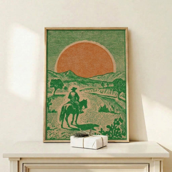 Retro cowboy painting showing a solitary rider on horseback against a desert backdrop with distant mountains and golden sun, rendered in earthy vintage colors.