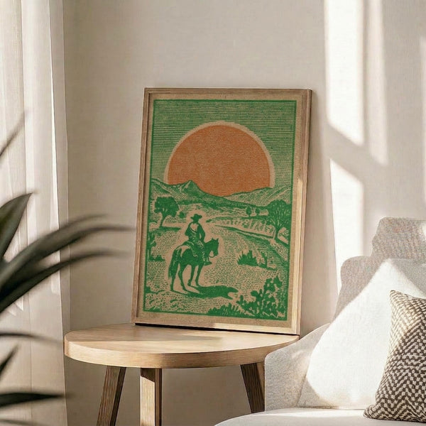 Nostalgic western art print featuring a cowboy and horse silhouetted against a desert sunset with warm burnt orange and green hues, framed on a wall.
