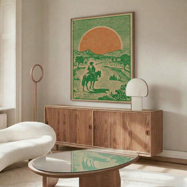 Pastoral western scene with a mounted cowboy traversing desert terrain beneath mountains and setting sun, styled as a vintage retro poster in cream, tan, and forest green.