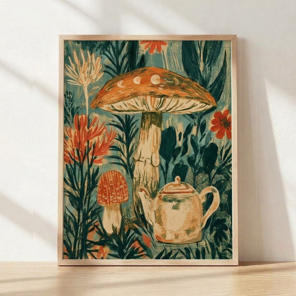 Whimsical Art Nouveau poster featuring a decorative mushroom teapot surrounded by cottage garden flowers and lush green plants in teal, rust, and cream tones, evoking a cozy nostalgic woodland aesthetic.